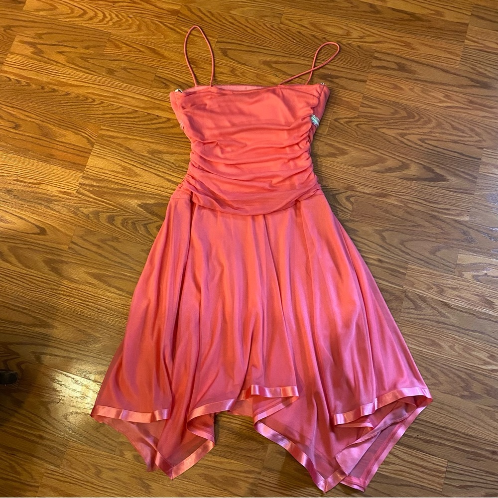 Vintage Y2K Fairy Dress Flutter Handkerchief Hem Sequin Ruched Pink Prom Beaded - Picture 11 of 14